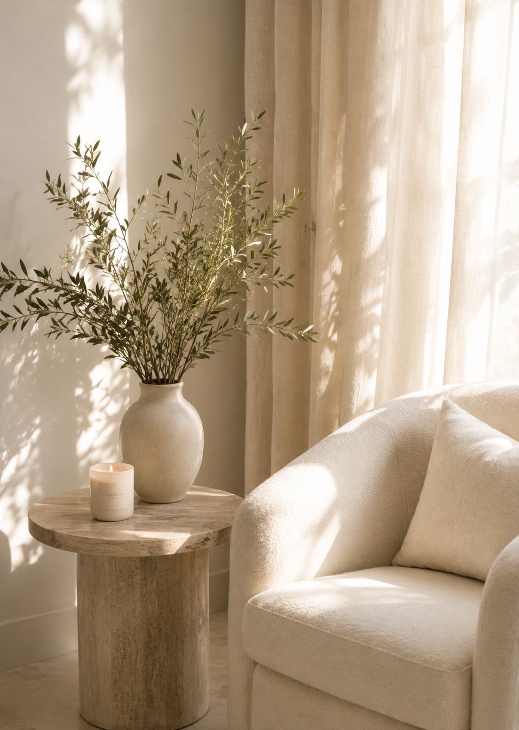 A comfortable chair beside flowers in a sunlit room