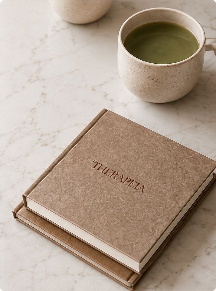 Therapeia journal and pen beside a glass of water