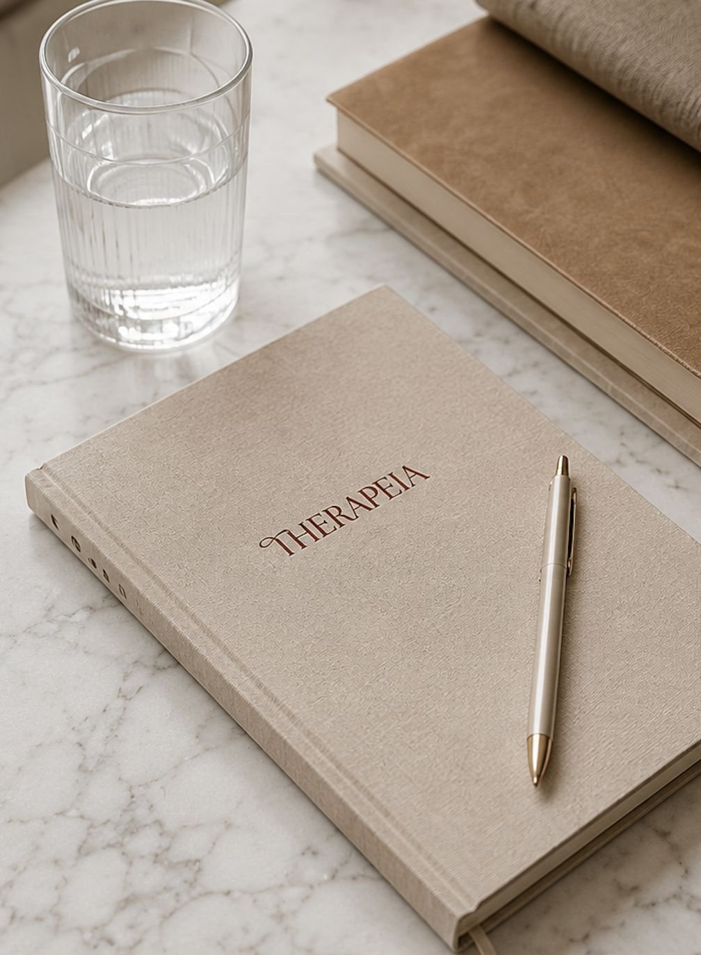 Therapeia journal and pen beside a glass of water
