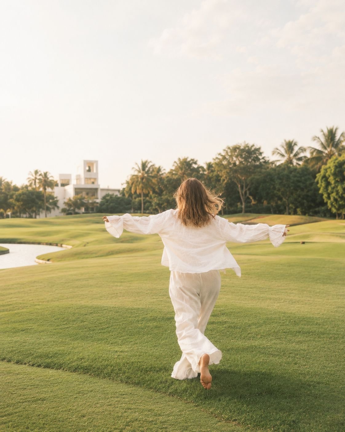 A woman walking across a green lawn