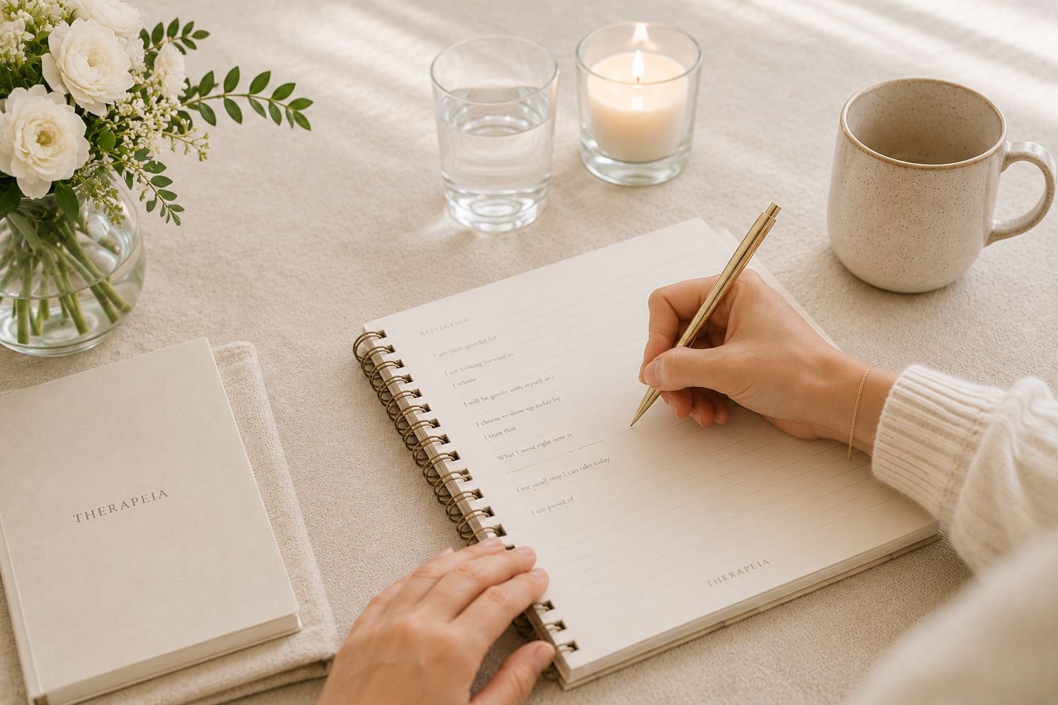Writing in a journal beside tea and flowers